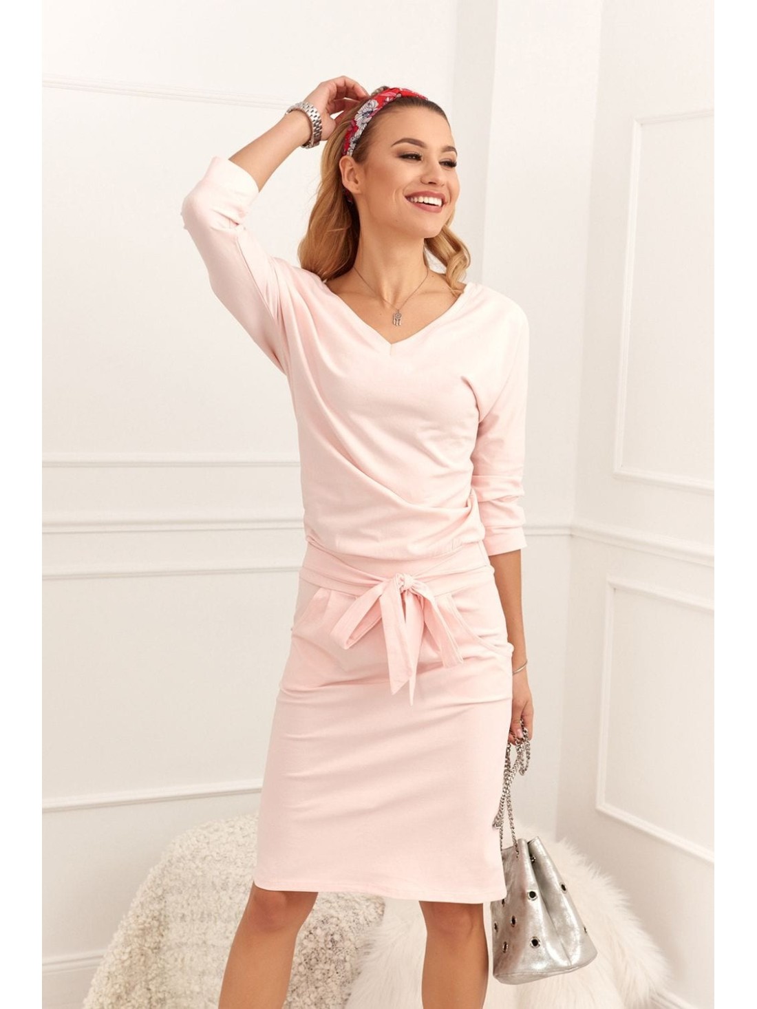 Pale pink tie-waist dress 9729 - Online store - Boutique